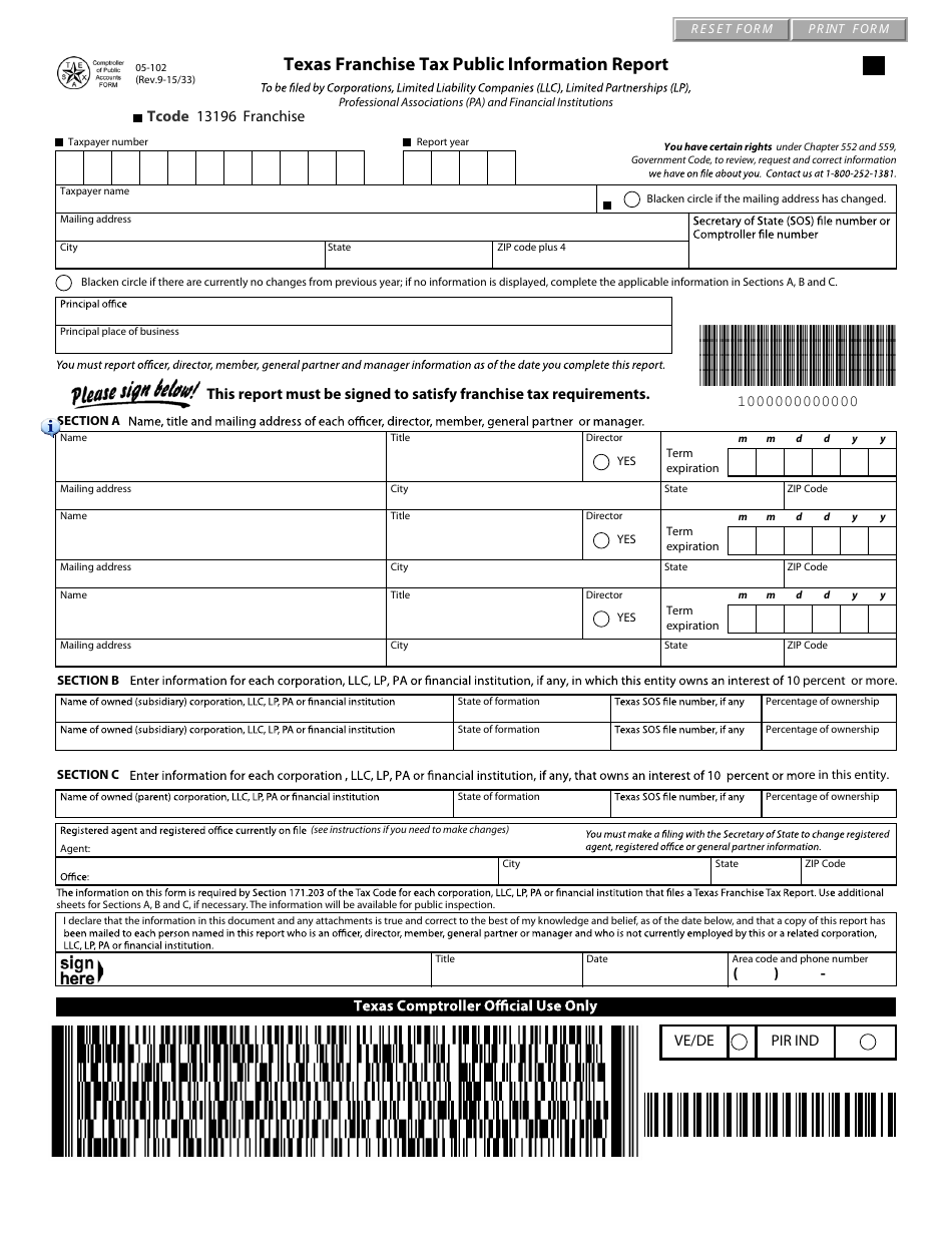 Form 05-102 Texas Franchise Tax Public Information Report - Texas, Page 1