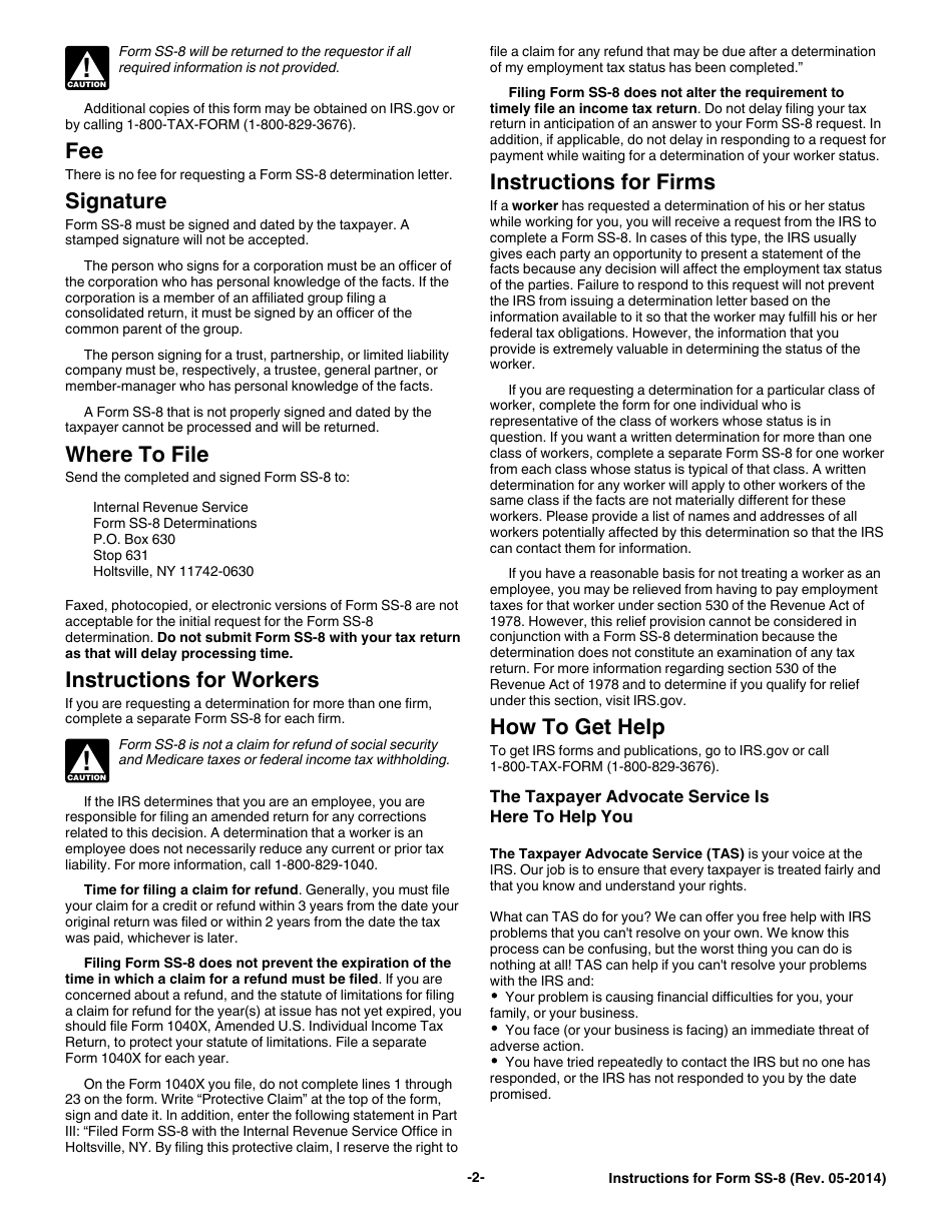 Instructions for IRS Form SS-8 Determination of Worker Status for Purposes of Federal Employment Taxes and Income Tax Withholding, Page 2