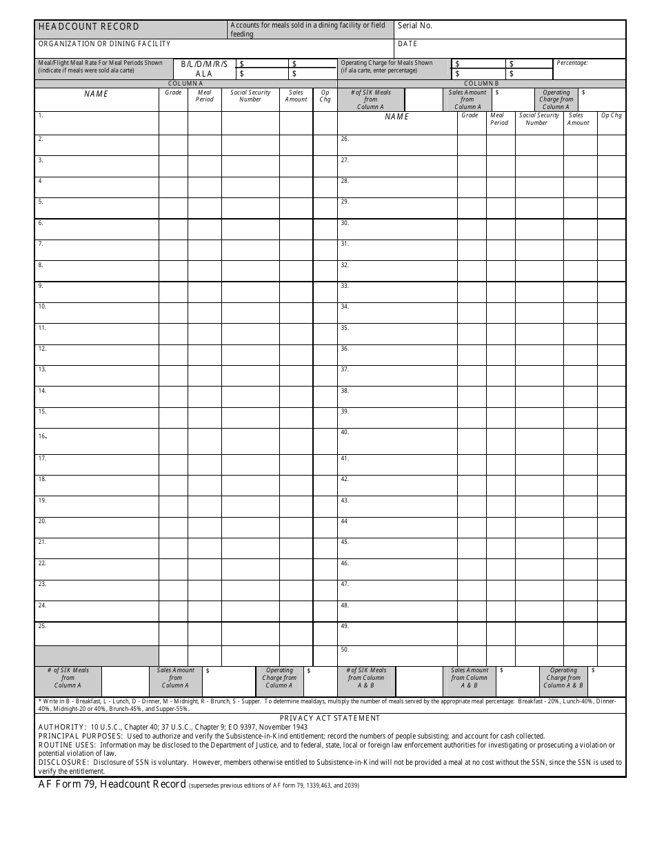 AF Form 79 Headcount Record, Page 1