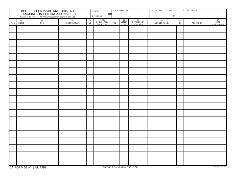 DA Form 581-1 Request for Issue and Turn-In of Ammunition Continuation Sheet, Page 1