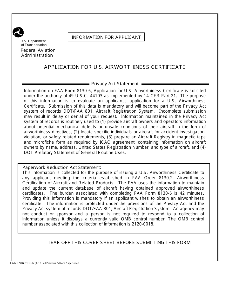 FAA Form FAA8130-6 Application for Airworthiness Certificate, Page 1