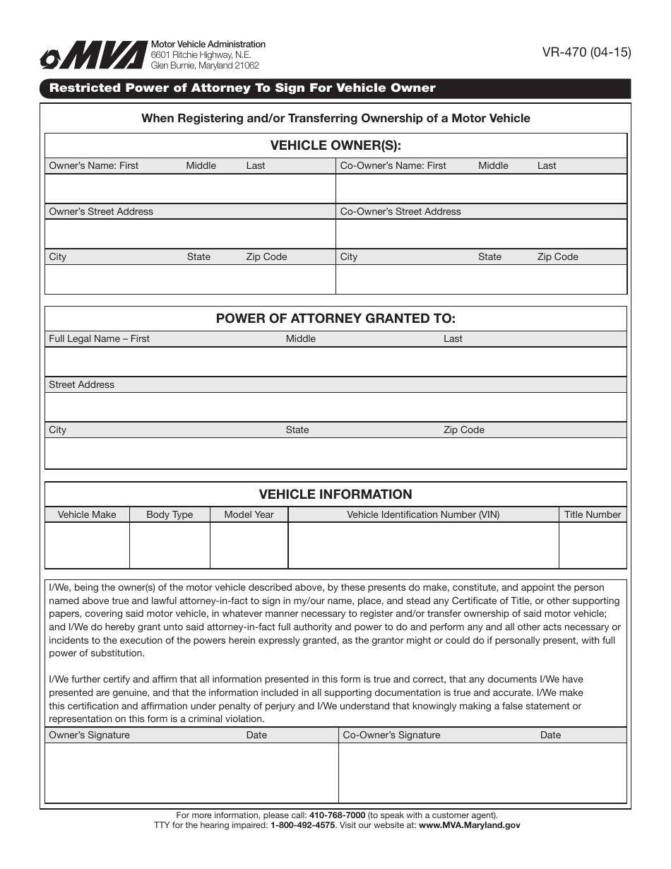 Form VR-470 Restricted Power of Attorney to Sign for Vehicle Owner - Maryland, Page 1