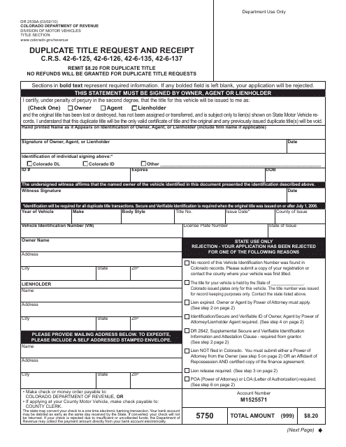 Form DR2539A Download Fillable PDF Or Fill Online Duplicate Title 