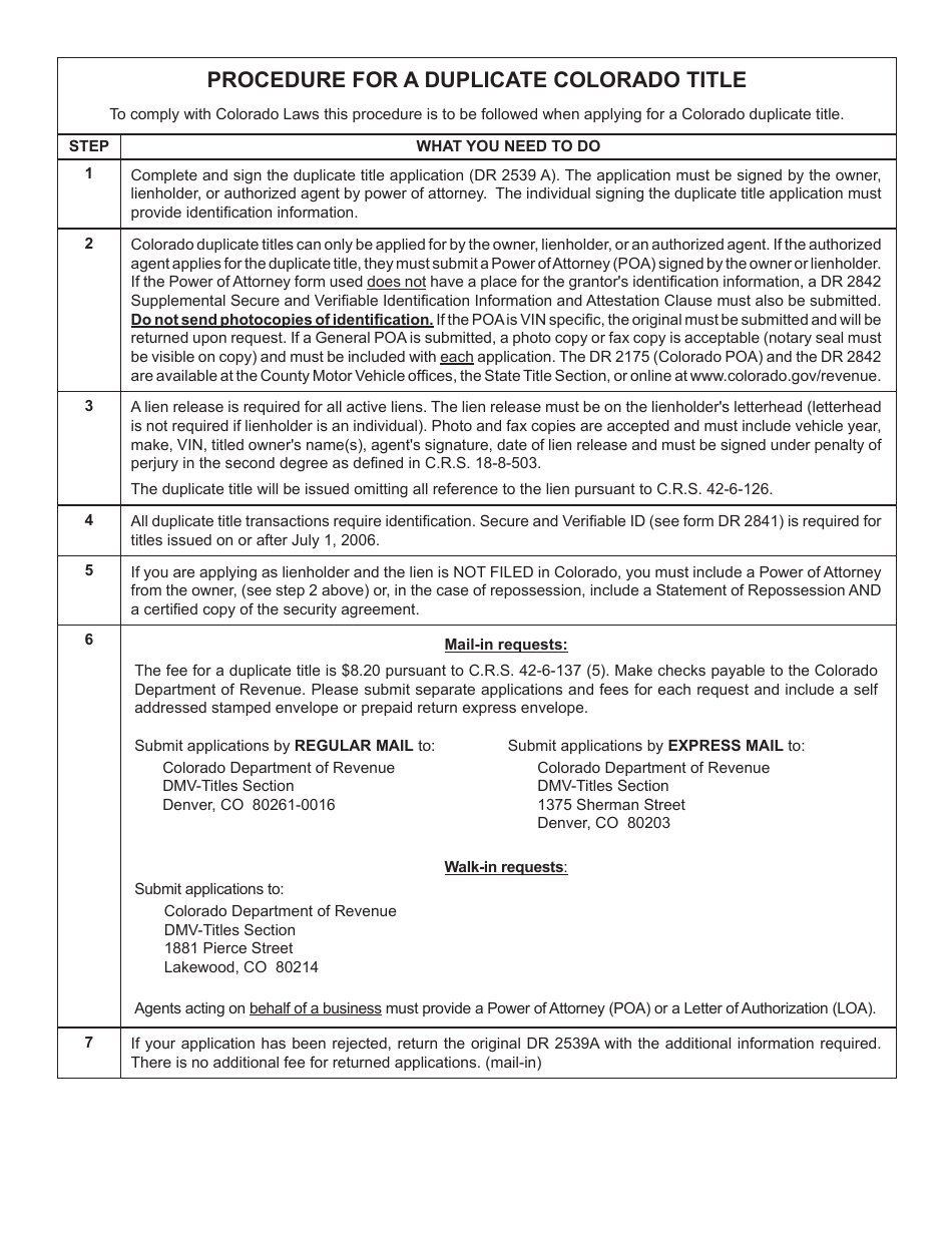 Form DR2539A Duplicate Title Request and Receipt - Colorado, Page 2