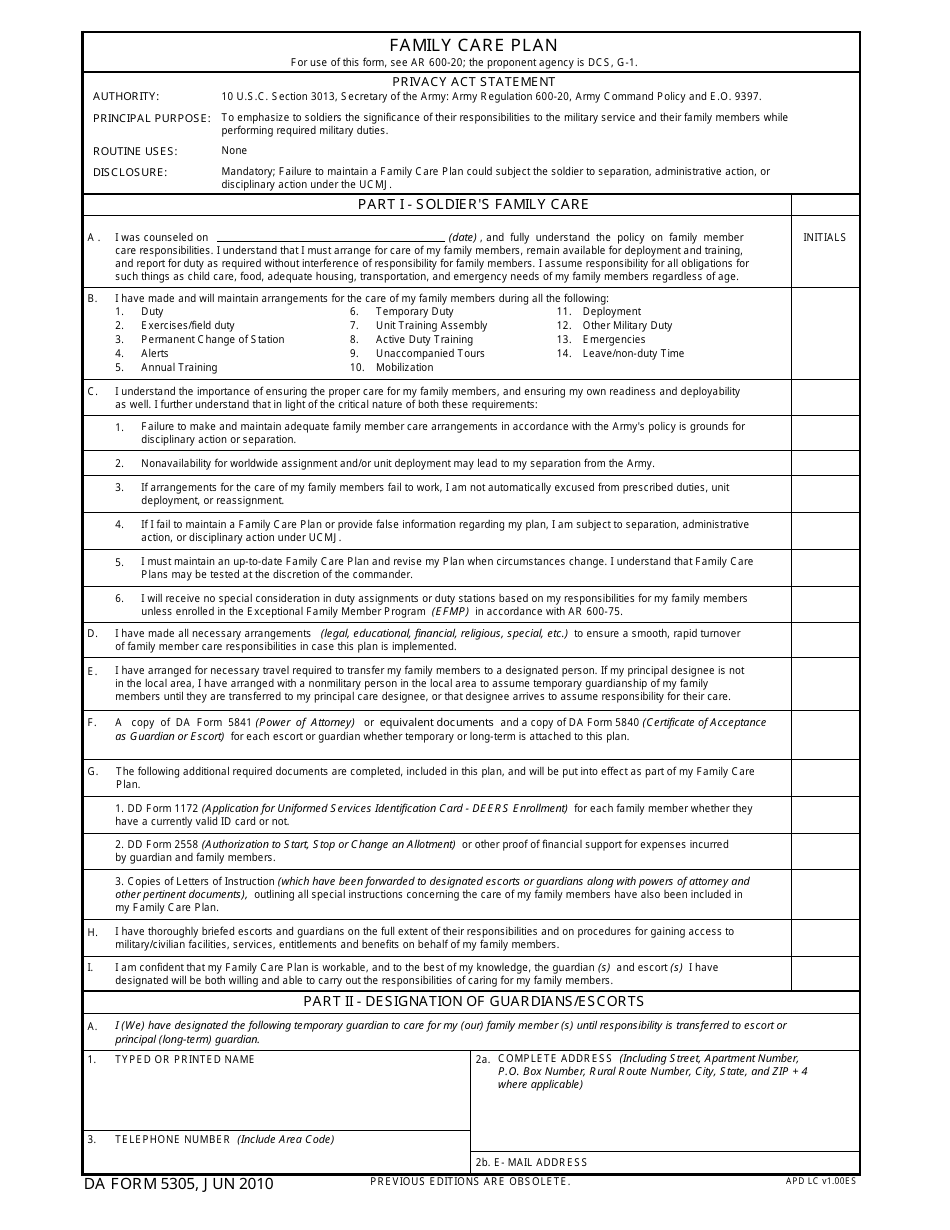 DA Form 5305 Family Care Plan, Page 1