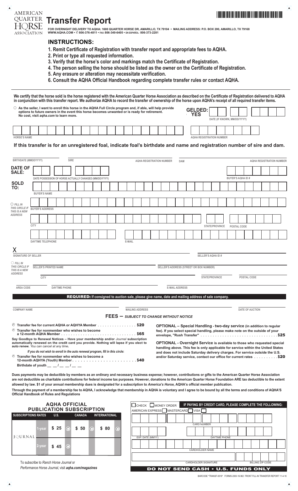 Transfer Report Form - Aqha, Page 1