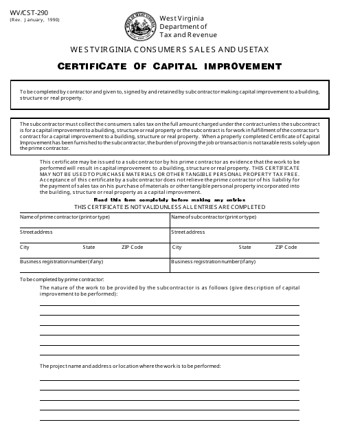 Form WV/CST-290 Certificate of Capital Improvement - West Virginia