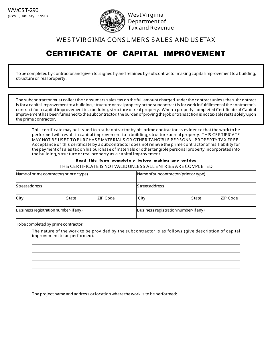 Form WV / CST-290 Certificate of Capital Improvement - West Virginia, Page 1