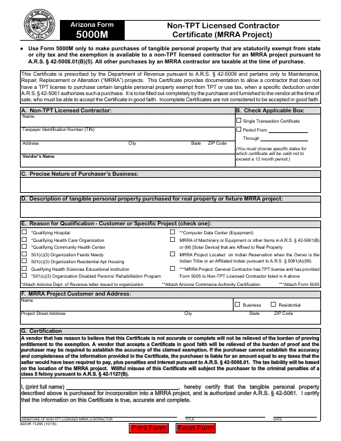 Arizona Form 5000M (ADOR11255) Non-tpt Licensed Contractor Certificate (Mrra Project) - Arizona
