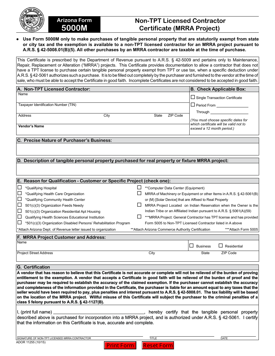 Arizona Form 5000M (ADOR11255) Non-tpt Licensed Contractor Certificate (Mrra Project) - Arizona, Page 1