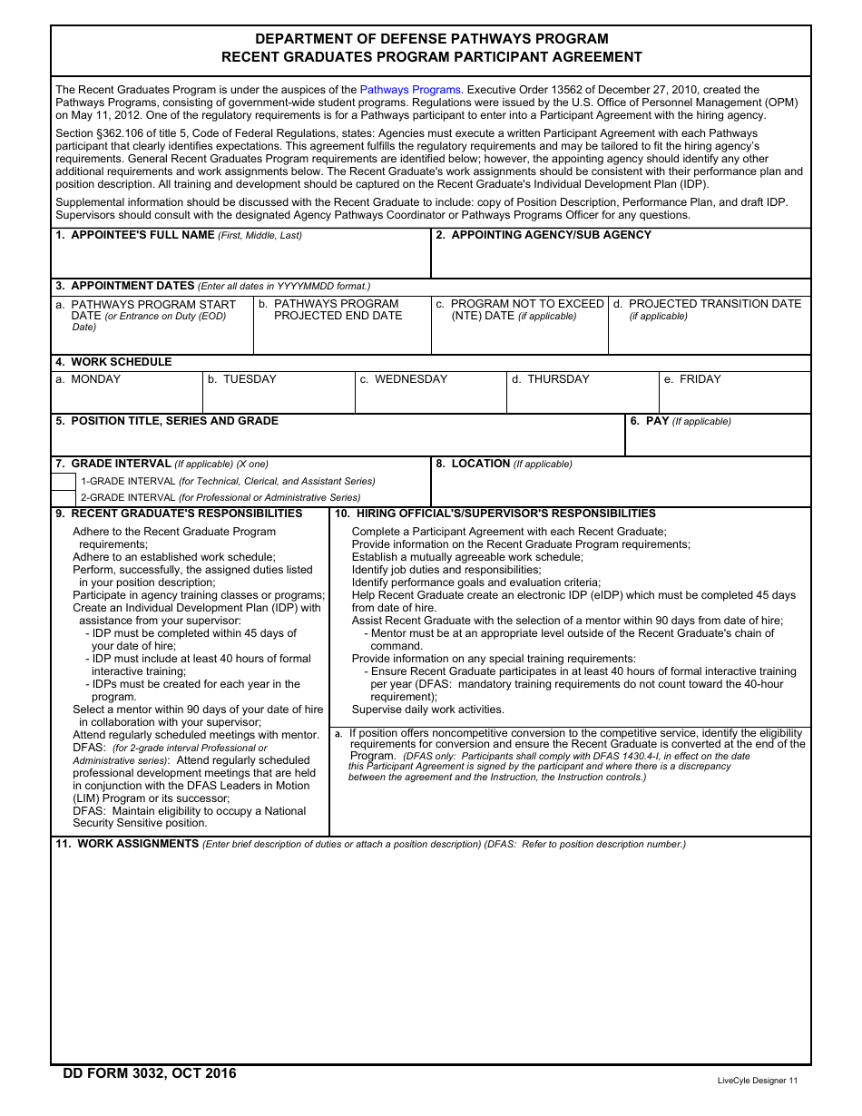 DD Form 3032 Department of Defense Pathways Program Recent Graduates Program Participant Agreement, Page 1