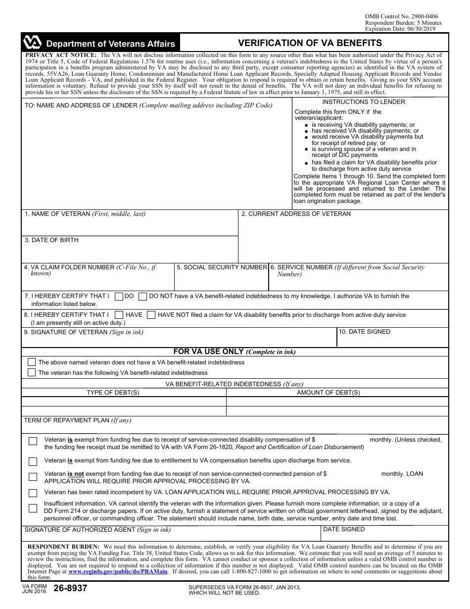VA Form 26-8937 Verification of VA Benefits, Page 1