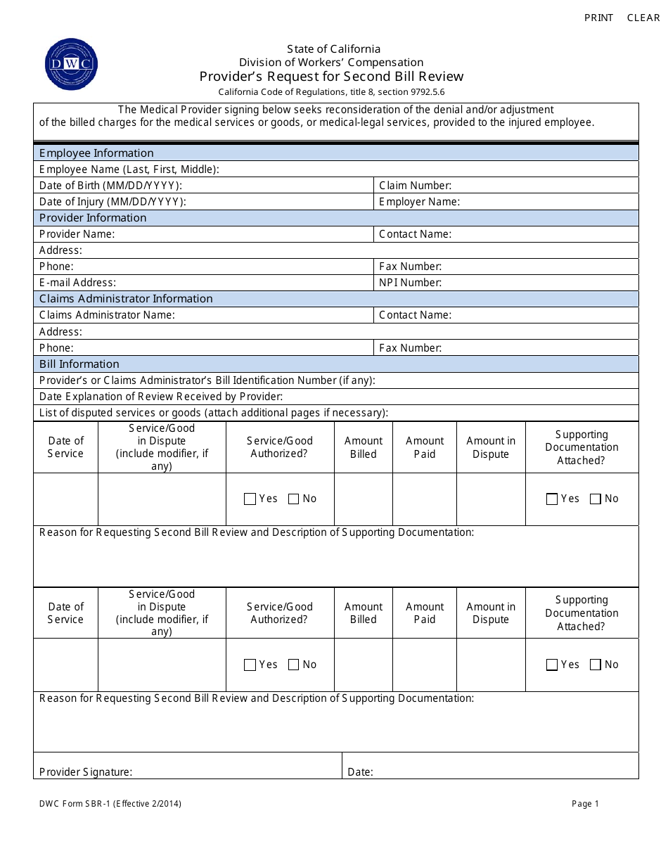 DWC Form SBR1 Fill Out, Sign Online and Download Fillable PDF