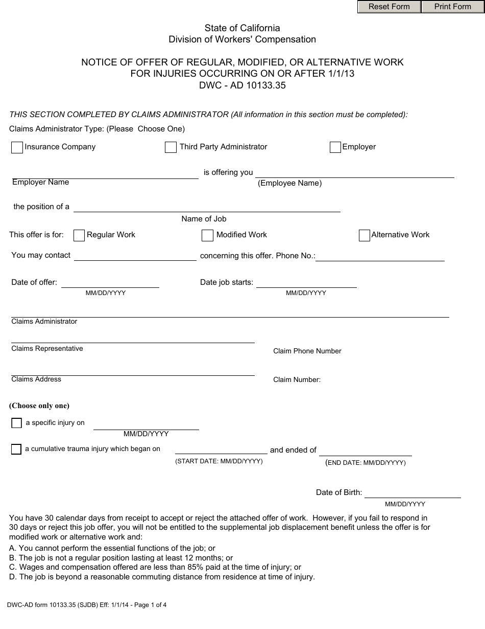 DWC-AD Form 10133.35 Notice of Offer of Regular, Modified, or Alternative Work for Injuries Occurring on or After 1 / 1 / 13 - California, Page 1