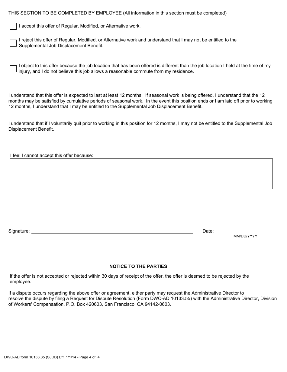 DWC-AD Form 10133.35 Notice of Offer of Regular, Modified, or Alternative Work for Injuries Occurring on or After 1 / 1 / 13 - California, Page 4