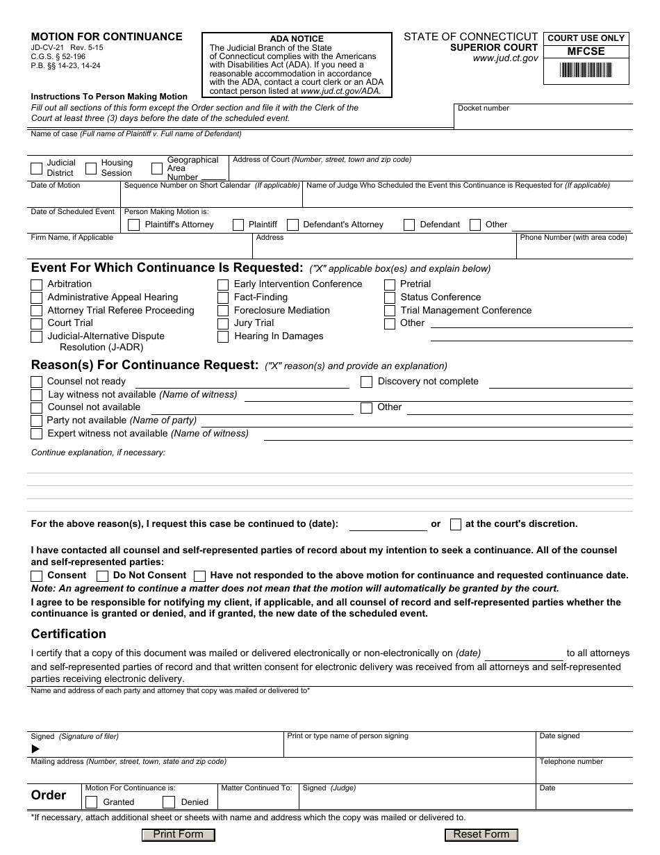 Form JD-CV-21 Motion for Continuance - Connecticut, Page 1