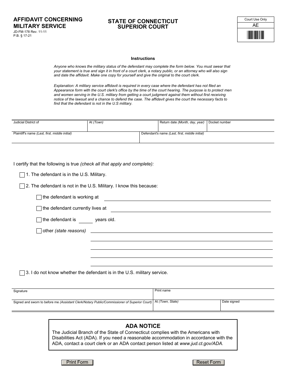 Form JD-FM-178 Affidavit Concerning Military Service - Connecticut, Page 1