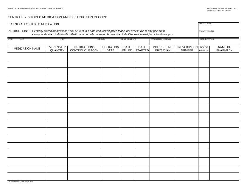 Form LIC 622 Download Fillable PDF, Centrally Stored Medication and Destruction Record