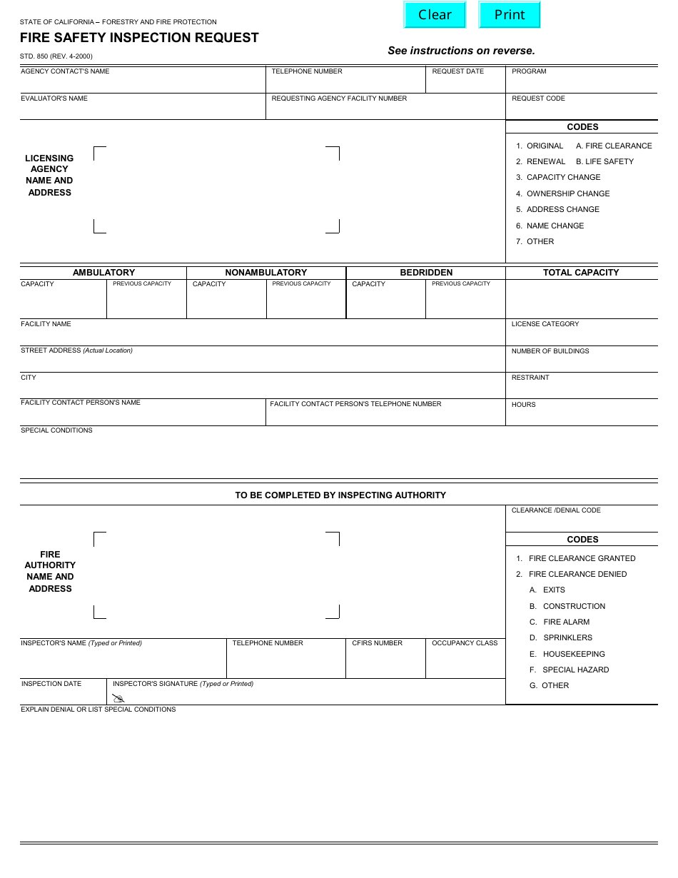 Form STD.850 Fire Safety Inspection Request - California, Page 1