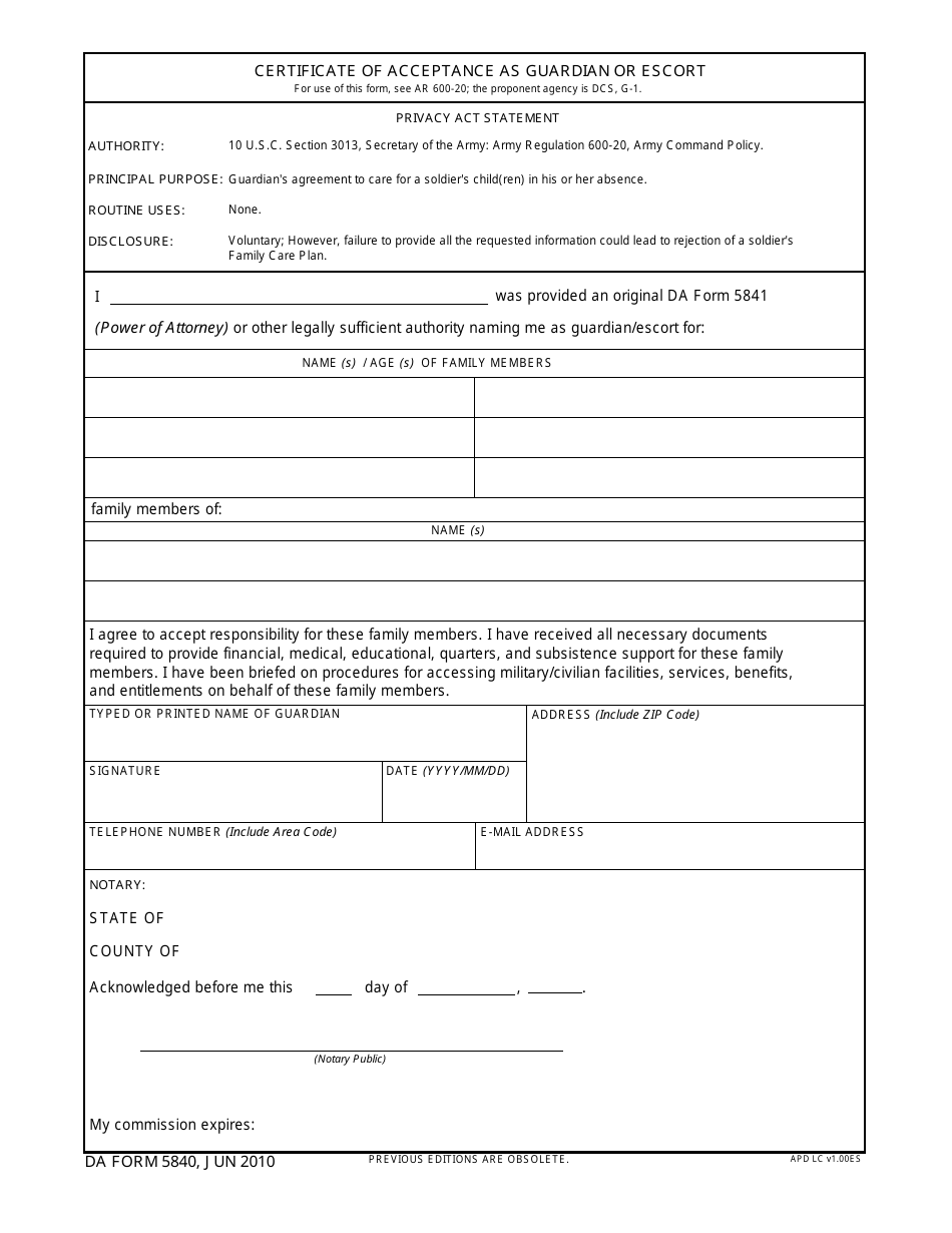 DA Form 5840 Certificate of Acceptance as Guardian or Escort, Page 1