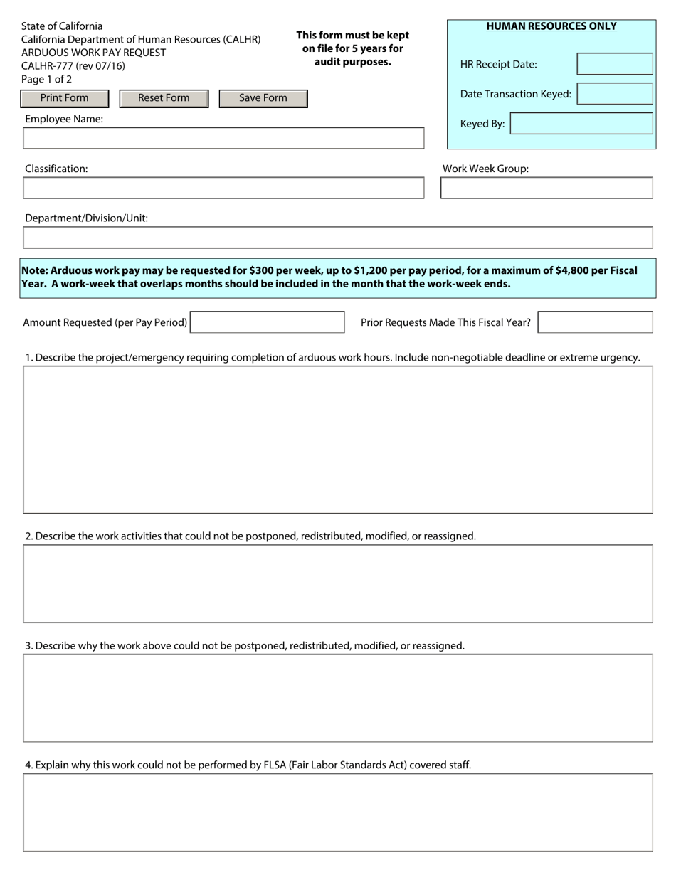 Form CALHR-777 Arduous Work Pay Request - California, Page 1
