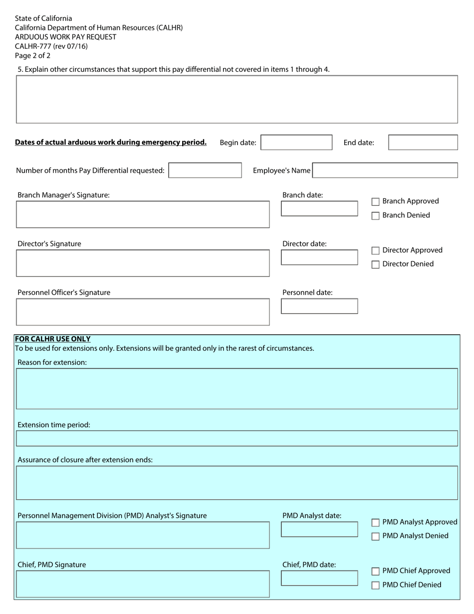 Form CALHR-777 Download Fillable PDF or Fill Online Arduous Work Pay ...