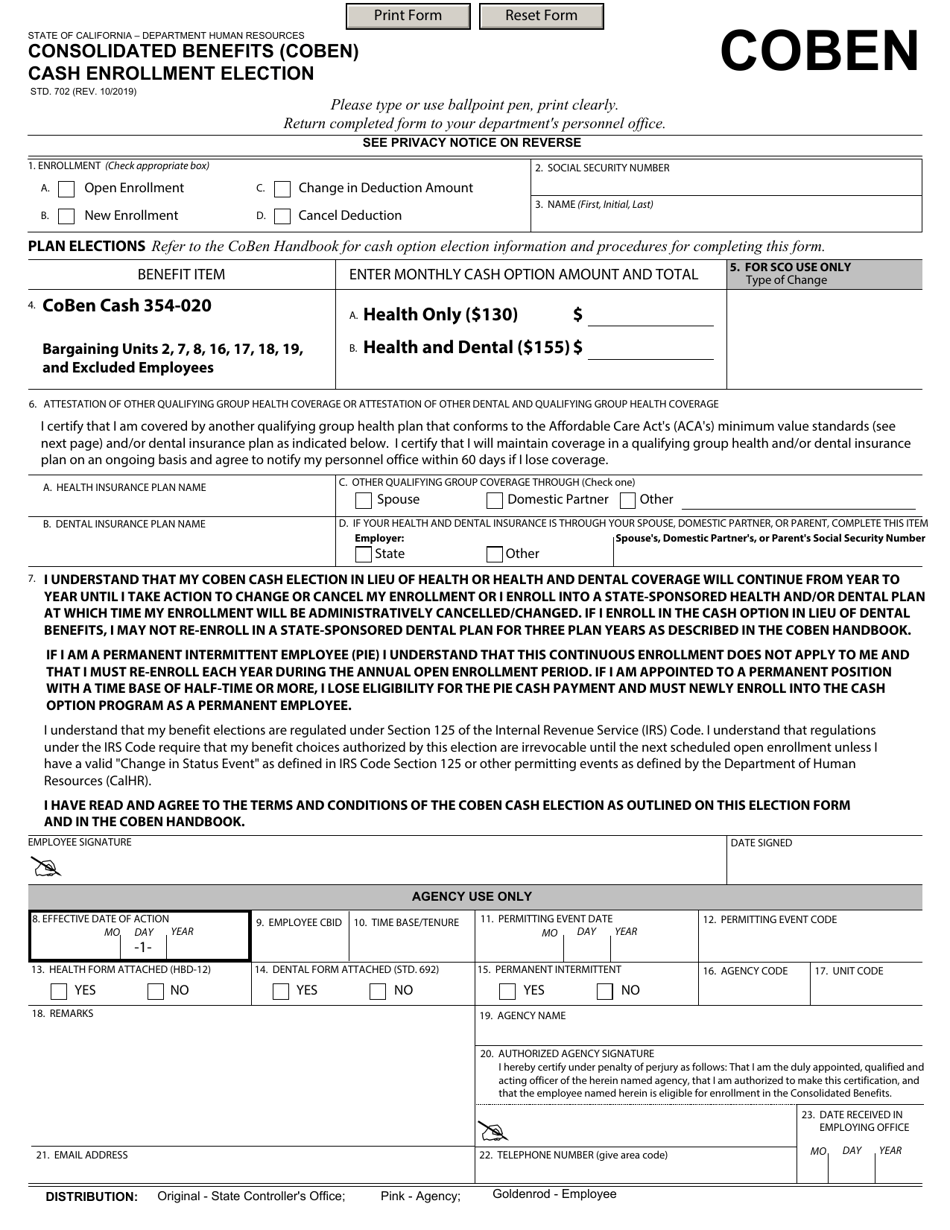 Form STD.702 Consolidated Benefits (COBEN) Cash Enrollment Election - California, Page 1