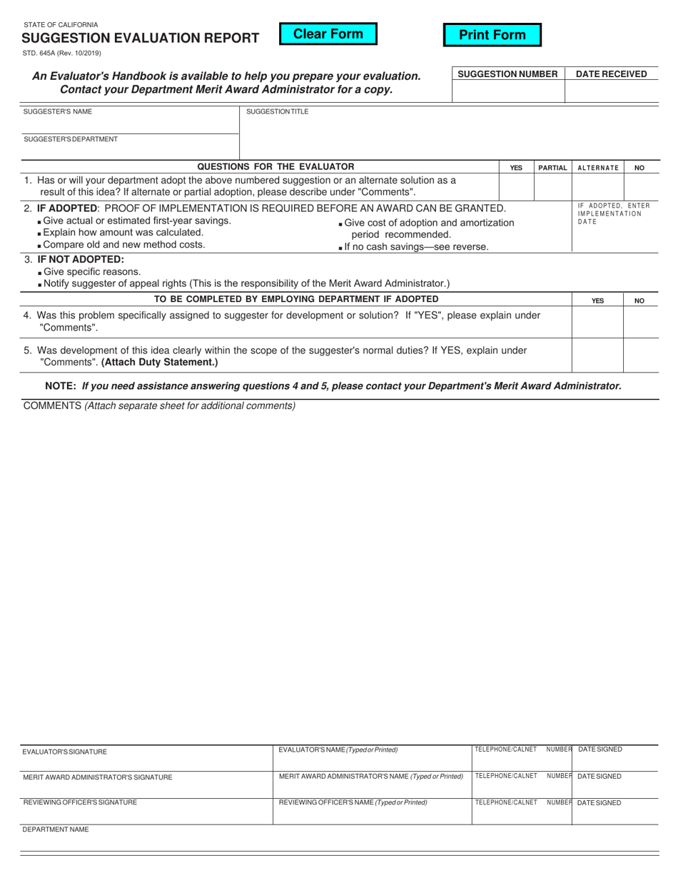 Form STD.645A Employee Suggestion Evaluation Report - California, Page 1