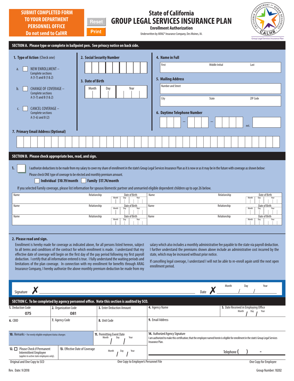Group Legal Services Insurance Plan Enrollment Form - California, Page 1