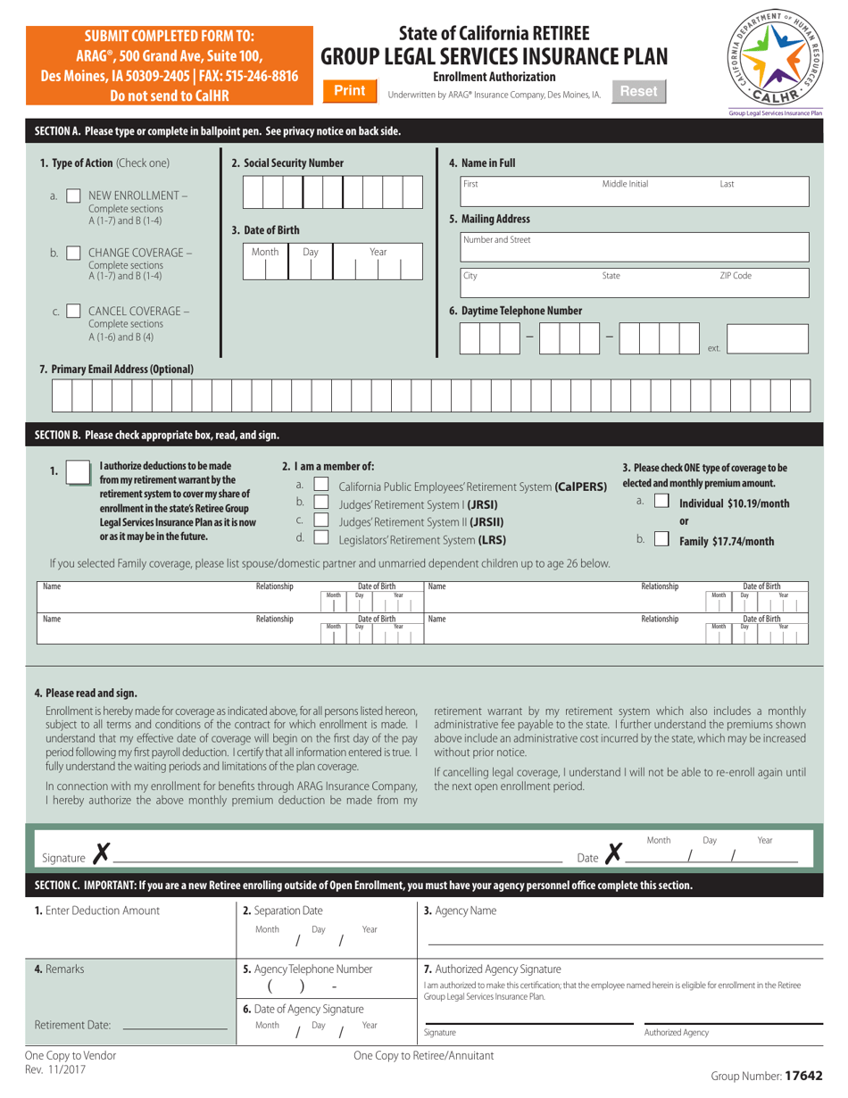 Group Legal Services Insurance Plan - Retiree Enrollment Form - California, Page 1