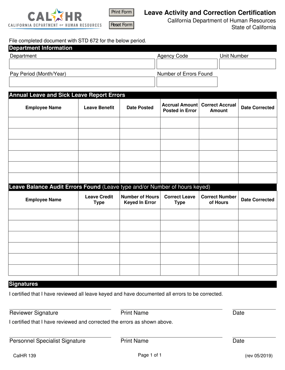 Form CALHR139 Leave Activity and Correction Certification - California, Page 1