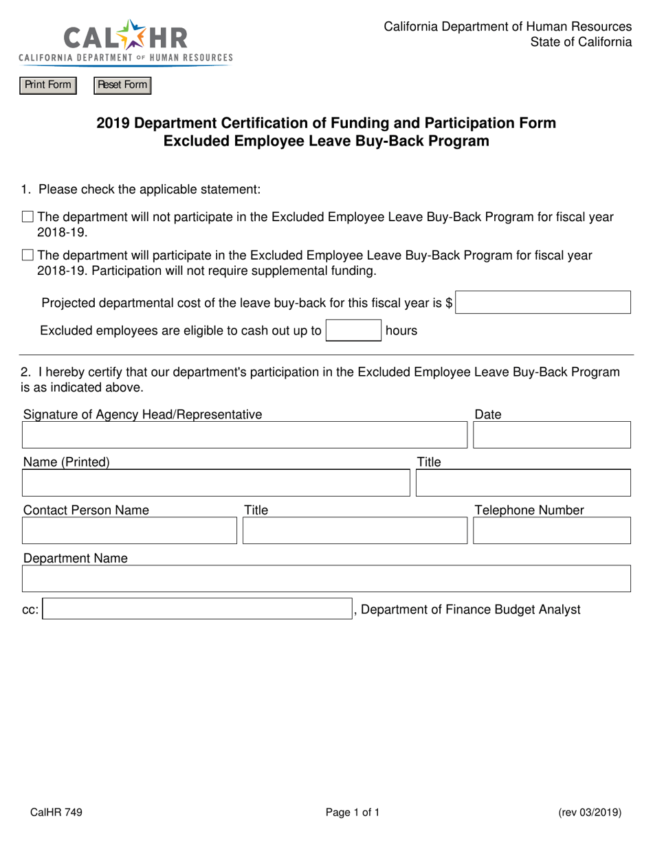 Form CALHR749 Department Certification of Funding and Participation Form - Excluded Employee Leave Buy-Back Program - California, Page 1