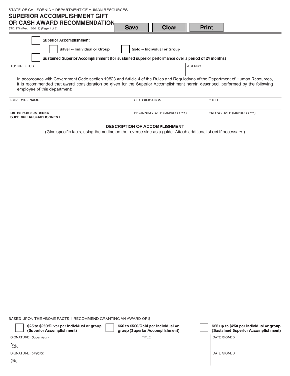 Form STD.278 Superior Accomplishment Gift or Cash Award Recommendation - California, Page 1
