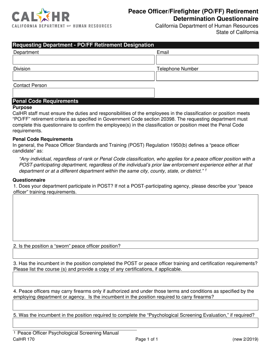 Form CALHR170 Peace Officer / Firefighter (Po / Ff) Retirement Determination Questionnaire - California, Page 1