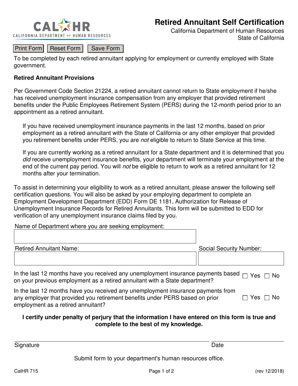 Form CALHR715 Retired Annuitant Self Certification - California, Page 1