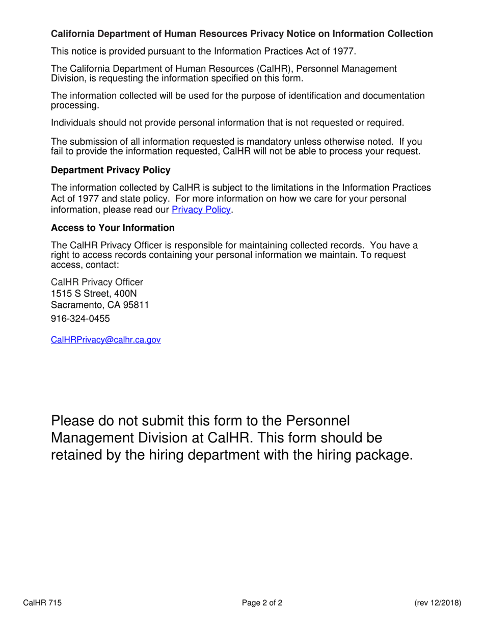 Form CALHR715 Retired Annuitant Self Certification - California, Page 2