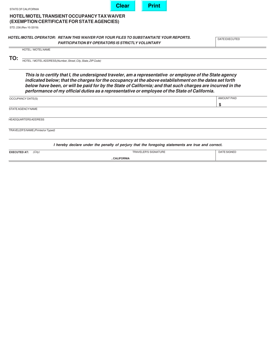 Form STD.236 Hotel / Motel Transient Occupancy Tax Waiver (Exemption Certificate for State Agencies) - California, Page 1