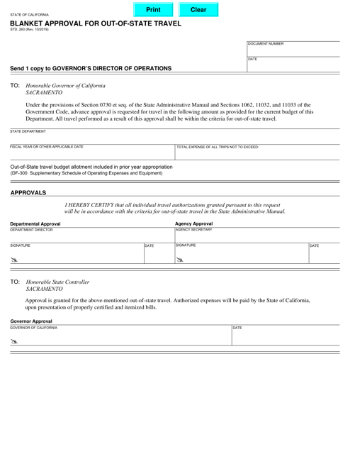 Form STD.260 Blanket Approval for Out-of-State Travel - California
