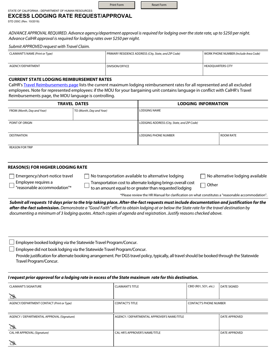 Form STD255C Excess Lodging Rate Request / Approval - California, Page 1