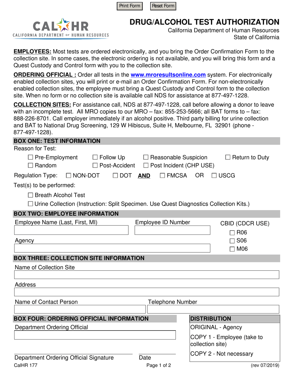 Form CALHR177 Drug / Alcohol Test Authorization - California, Page 1