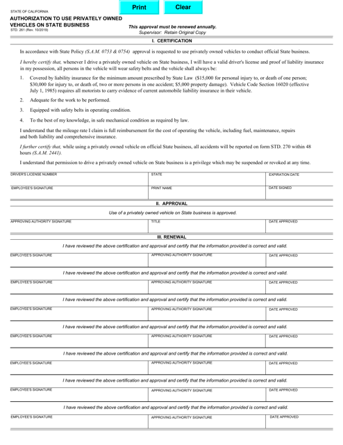 Form STD.261 Authorization to Use Private Owned Vehicle on State Business - California