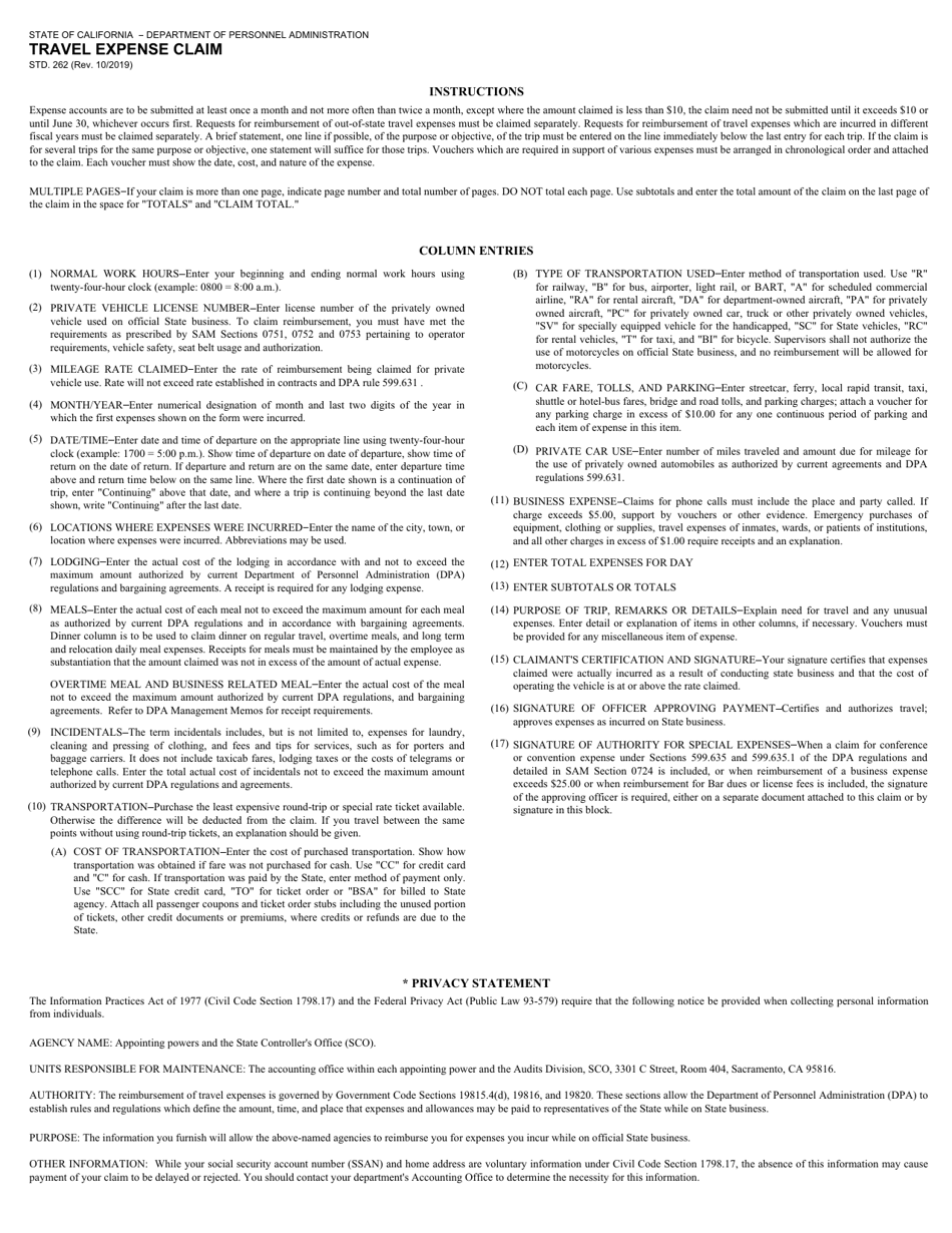 Form STD.262 Travel Expense Claim - California, Page 2