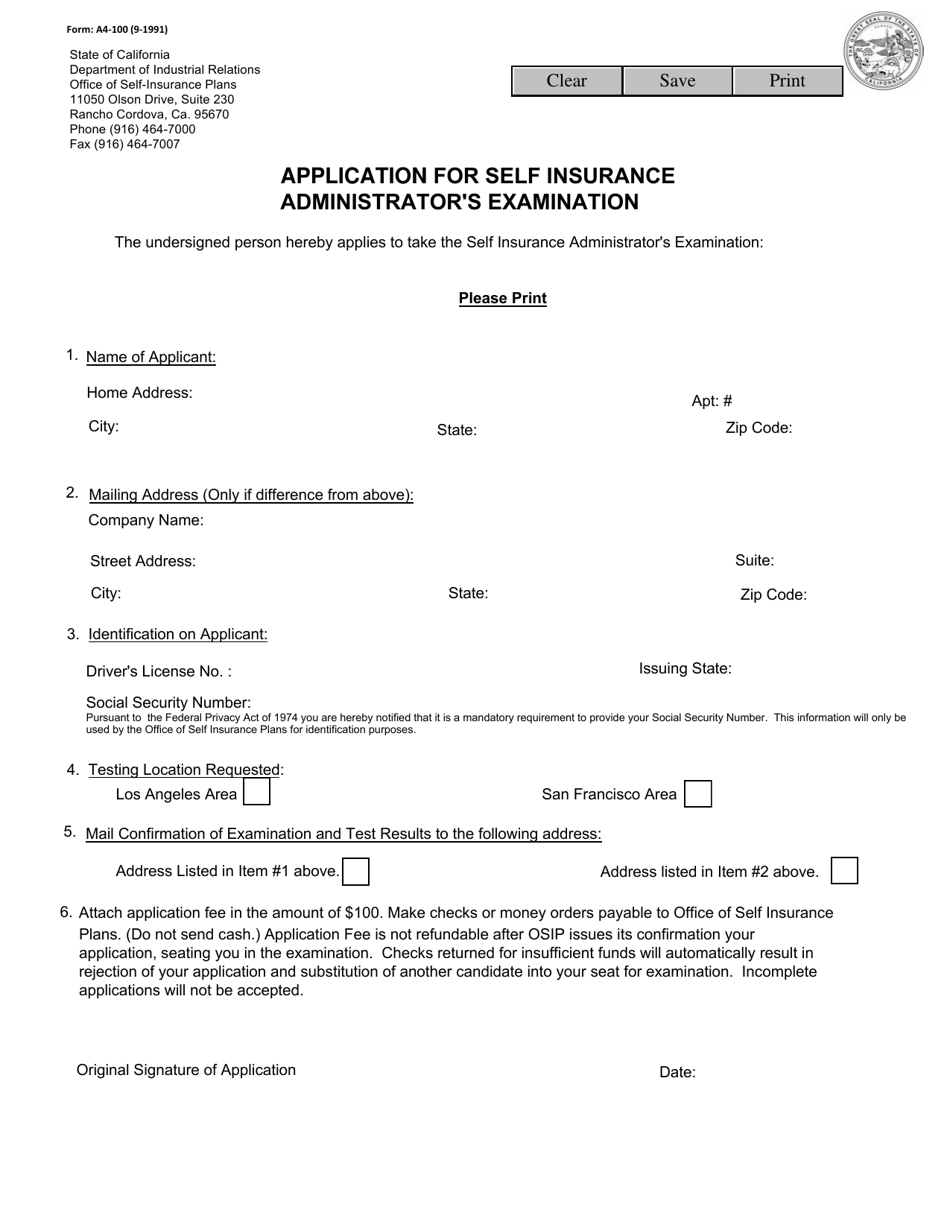Form A4-100 Application for a Self Insurance Administrators Examination - California, Page 1