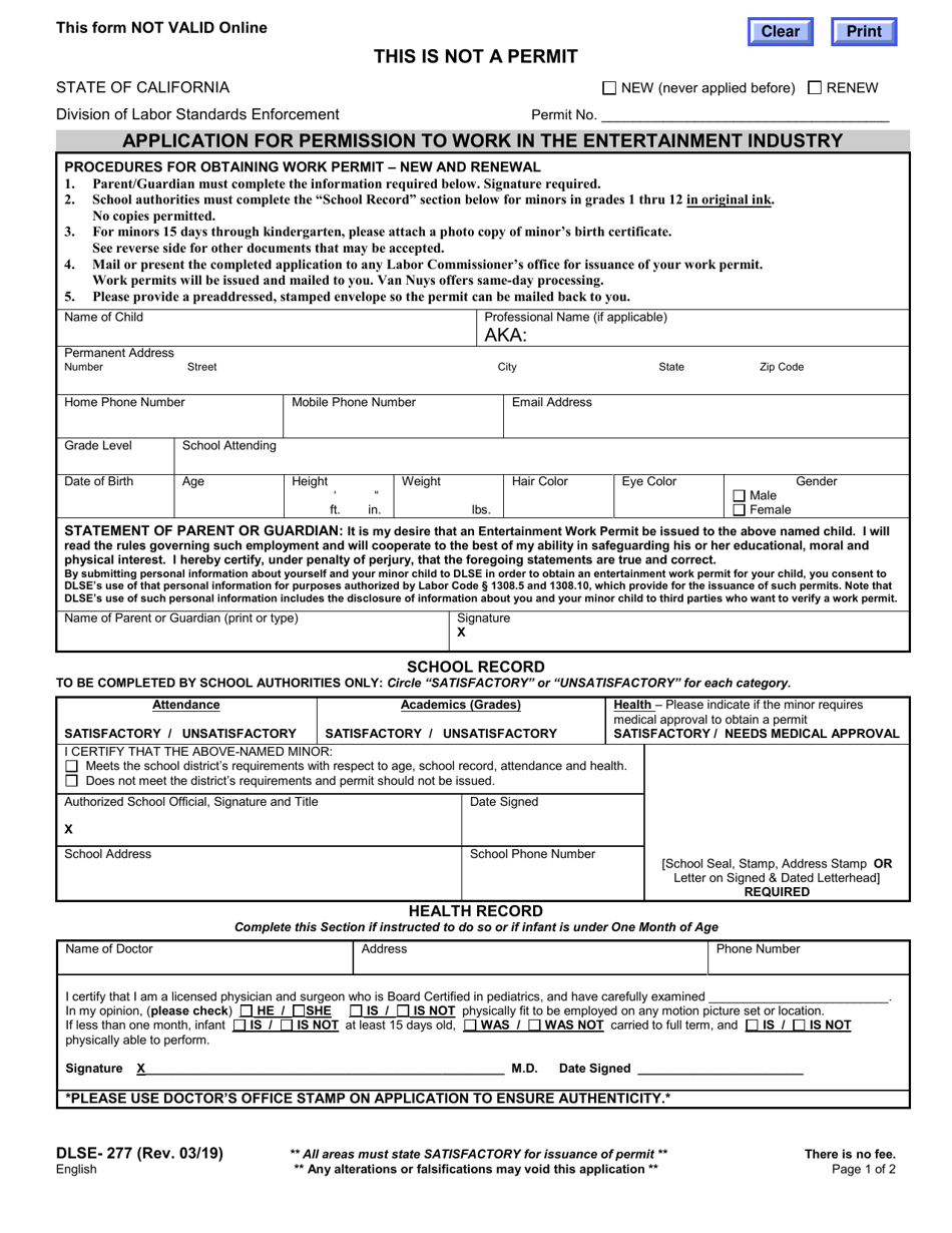 Form DLSE-277 Application for Permission to Work in the Entertainment Industry - California, Page 1