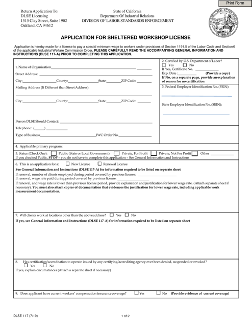 DLSE Form 117 Application for Sheltered Workshop License - California