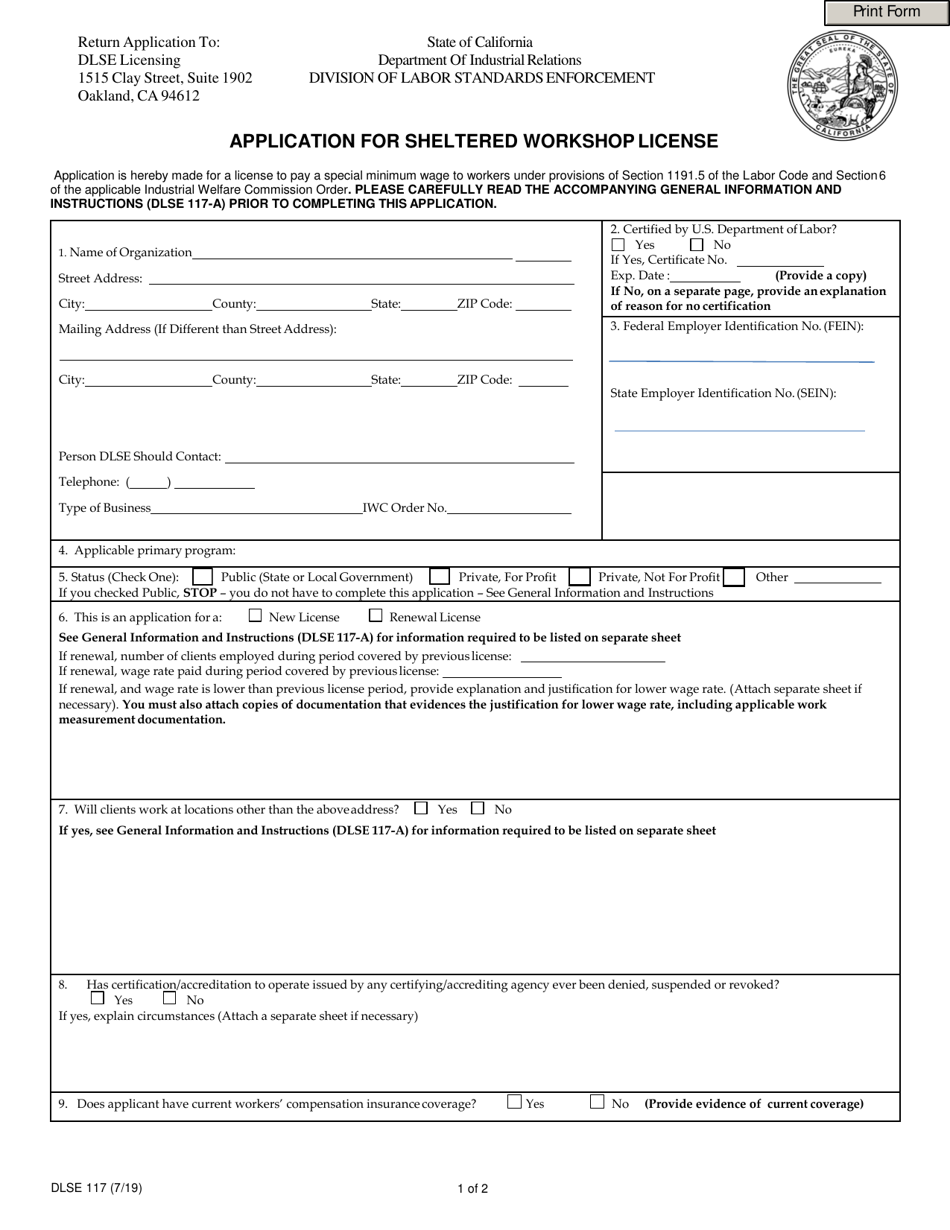 DLSE Form 117 Application for Sheltered Workshop License - California, Page 1