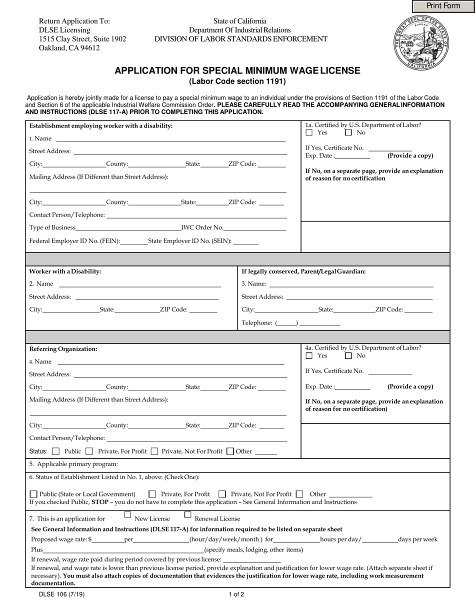 Form DLSE106 Application for Special Minimum Wage License - California, Page 1