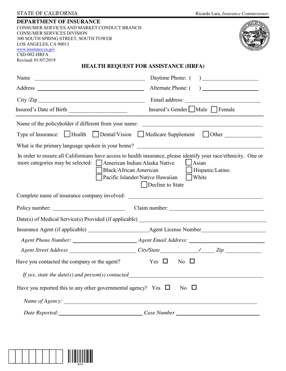 Form CSD-002-HRFA Health Request for Assistance (Hrfa) - California, Page 1
