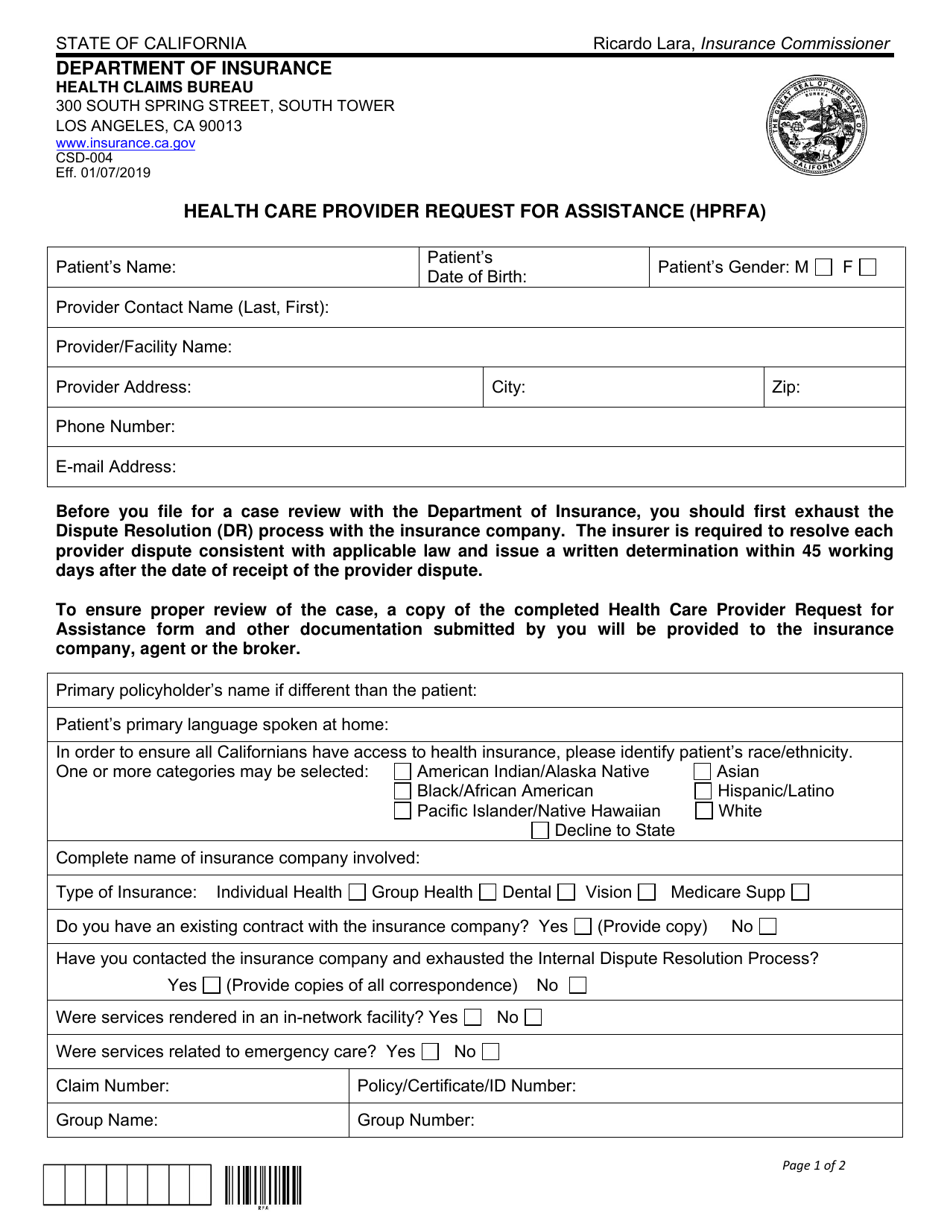 Form CSD-004 Health Care Provider Request for Assistance (Hprfa) - California, Page 1