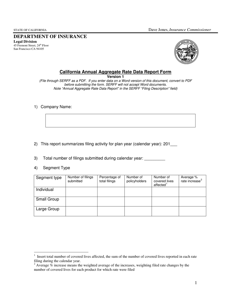 California Annual Aggregate Rate Data Report Form - California, Page 1